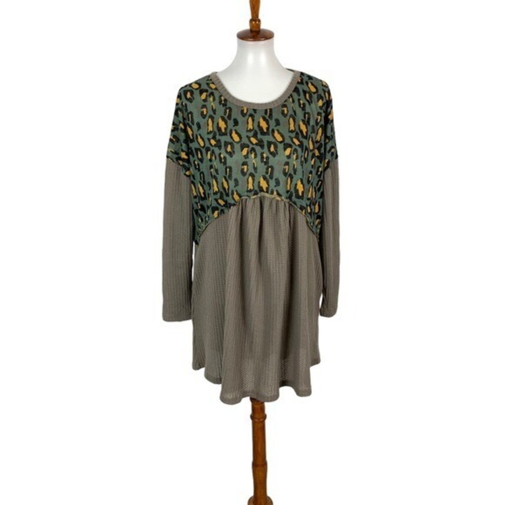 Umgee Tunic Dress Medium Brown Long Sleeve Boho Leopard Waffle Knit TL60773